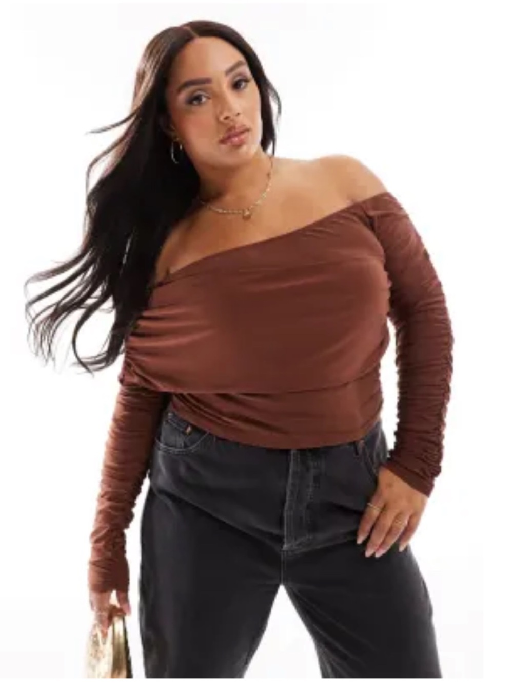 ASOS DESIGN Curve Slinky Asymmetric Neck Ruched Sleeve Top